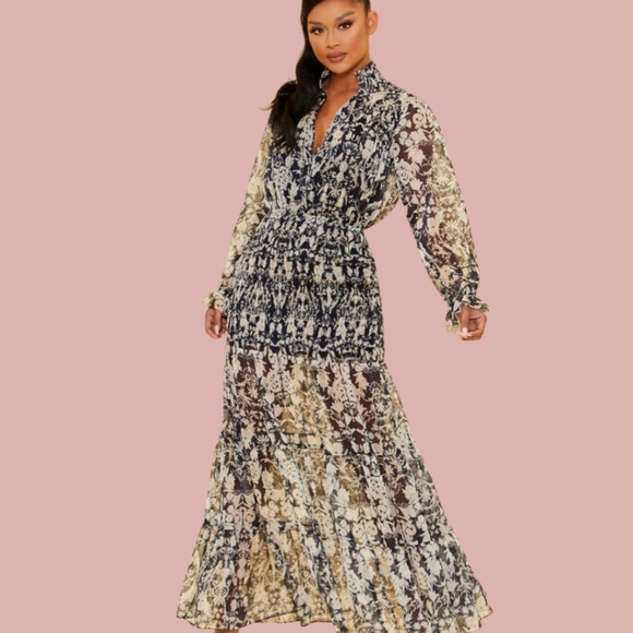 LONG SLEEVE NAVY BLUE FLORAL MAXI DRESS spring dress - Picture 1 of 2